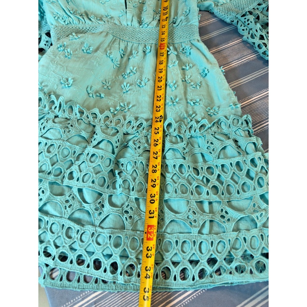 Boston Proper Embroidered Crochet Babydoll Dress XS Blue Boho Bishop Sleeve - Picture 12 of 12